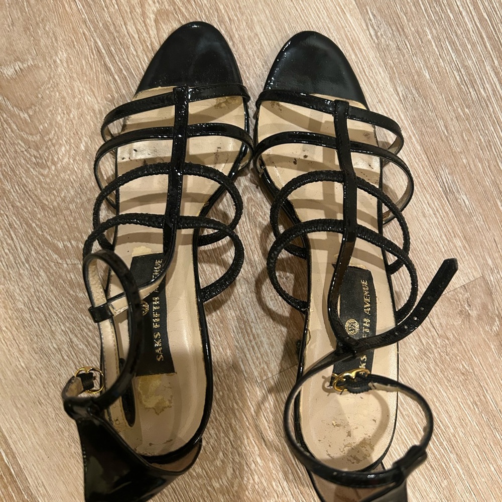 Saks Fifth Avenue Glossy Black Strappy Heels